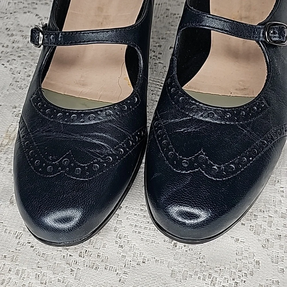 Munro American leather mary jane wingtip kitten heeled blue high heels sz 9 - Picture 3 of 7